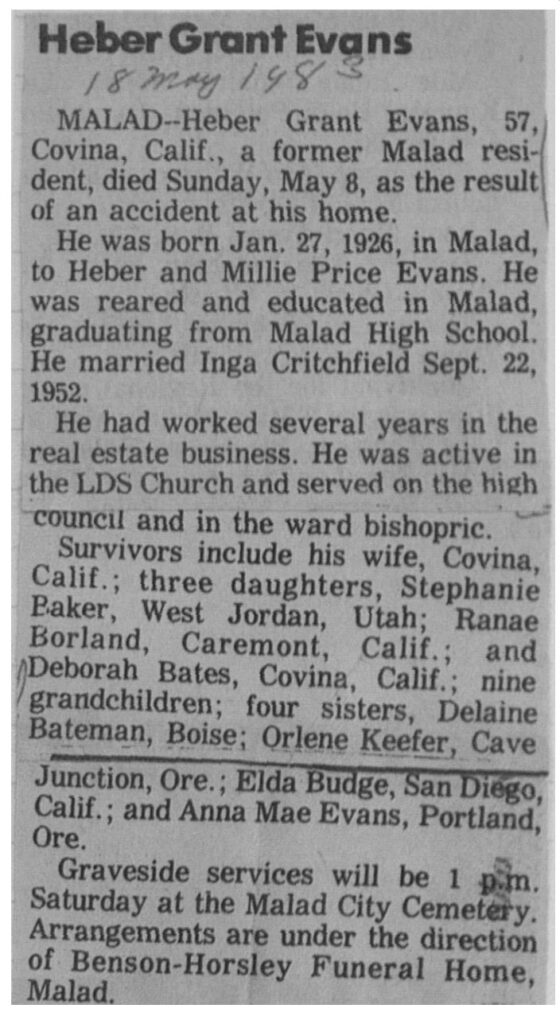 Heber Grant Evans obit