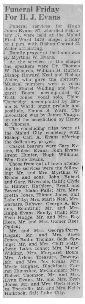 Hugh Jones Evans funeral
