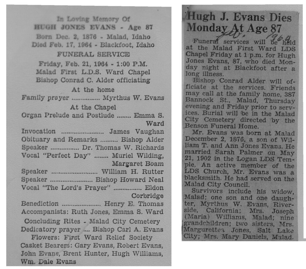 Hugh Jones Evans obit and program