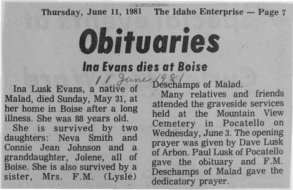 Ina Lusk Evans obit
