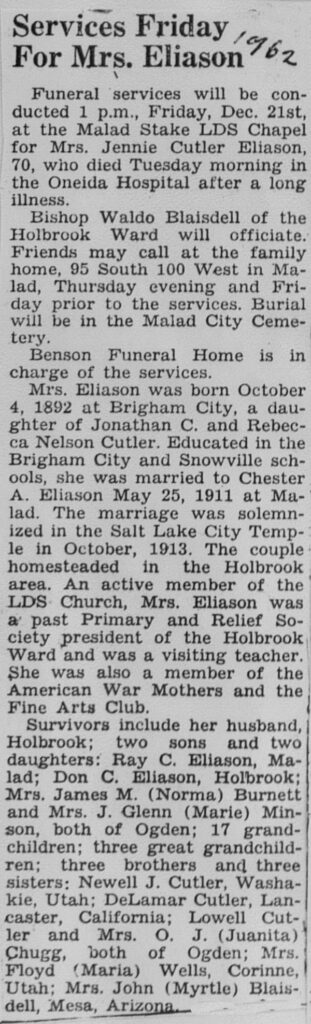 Jennie Cutler Eliason obit