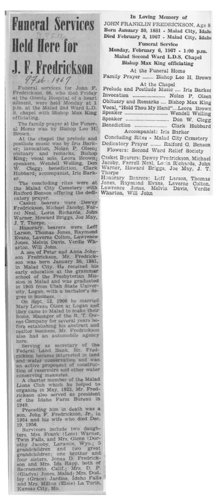 John Franklin Fredrickson obit and program