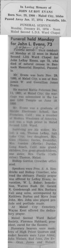John LeRoy Evans obit and funeral