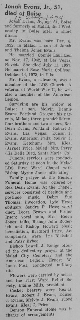 Jonah Evans Jr obit and funeral