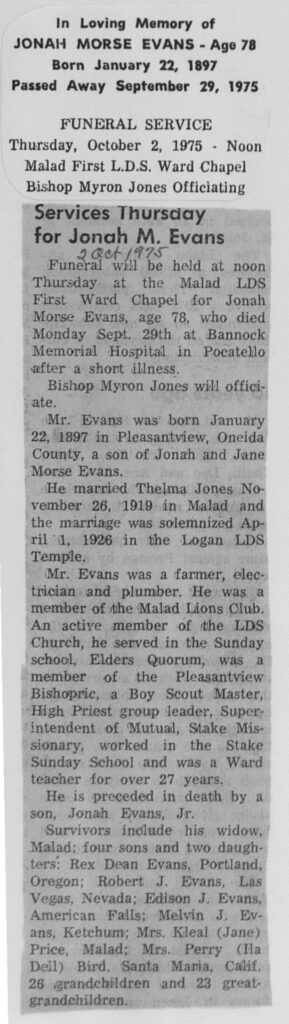 Jonah Morse Evans obit