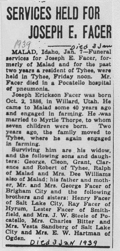 Joseph E Facer obit