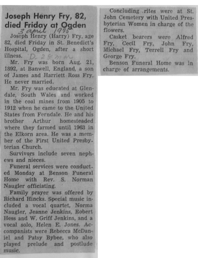 Joseph Henry Fry obit and funeral