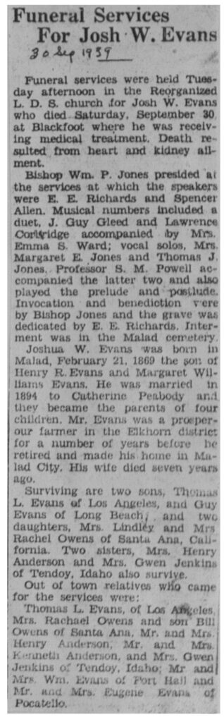 Josh W Evans obit and funeral