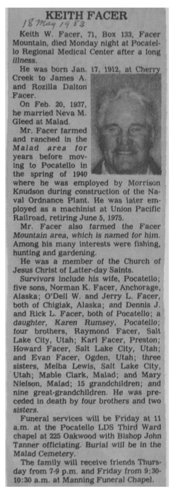 Keith W Facer obit