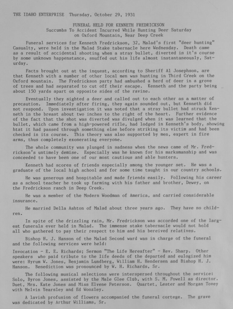 Kenneth Fredrickson accident report and obit page 1