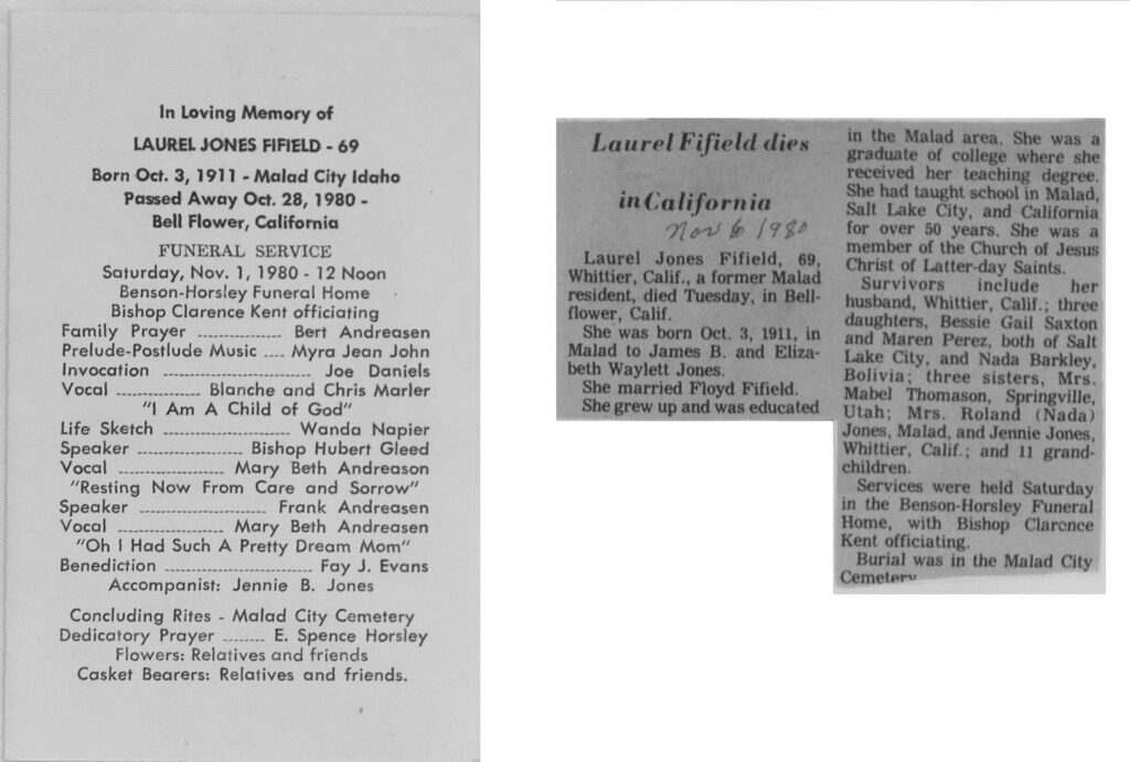 Laurel Jones Fifield obit and program