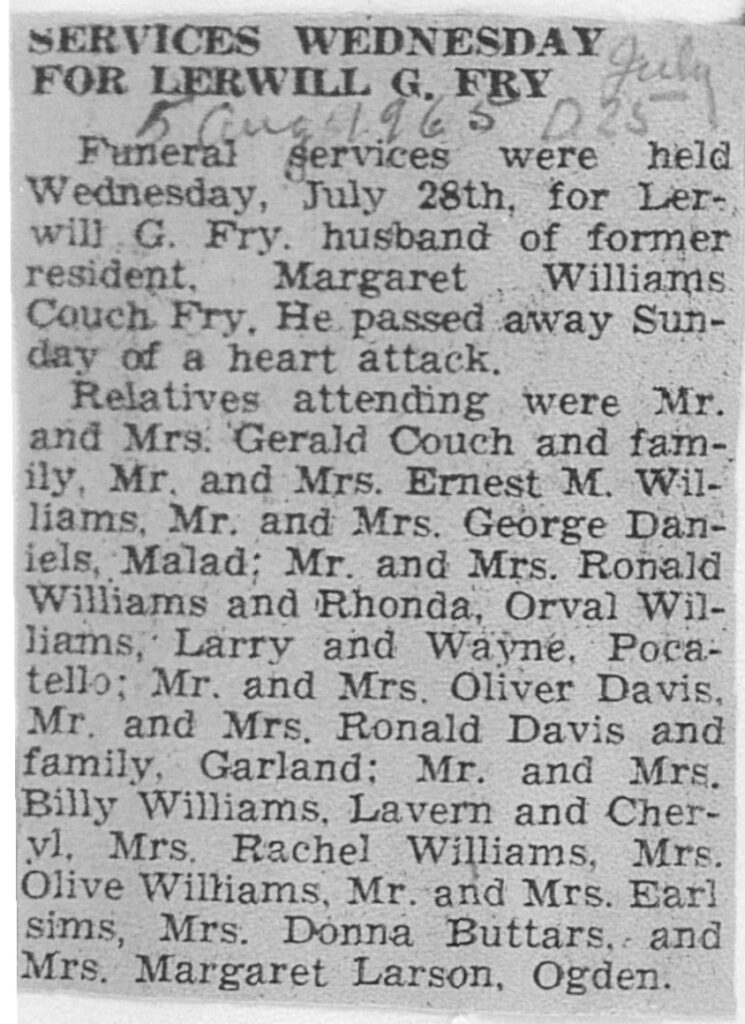 Lerwill G Fry funeral notice