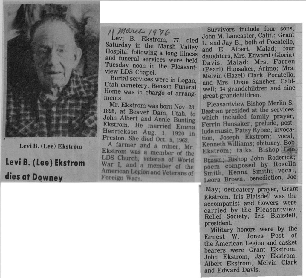 Levi (Lee) B Ekstrom obit and funeral