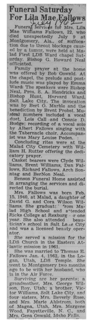 Lila Mae Williams Fallows obit and funeral