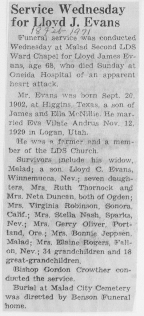 Lloyd James Evans obit