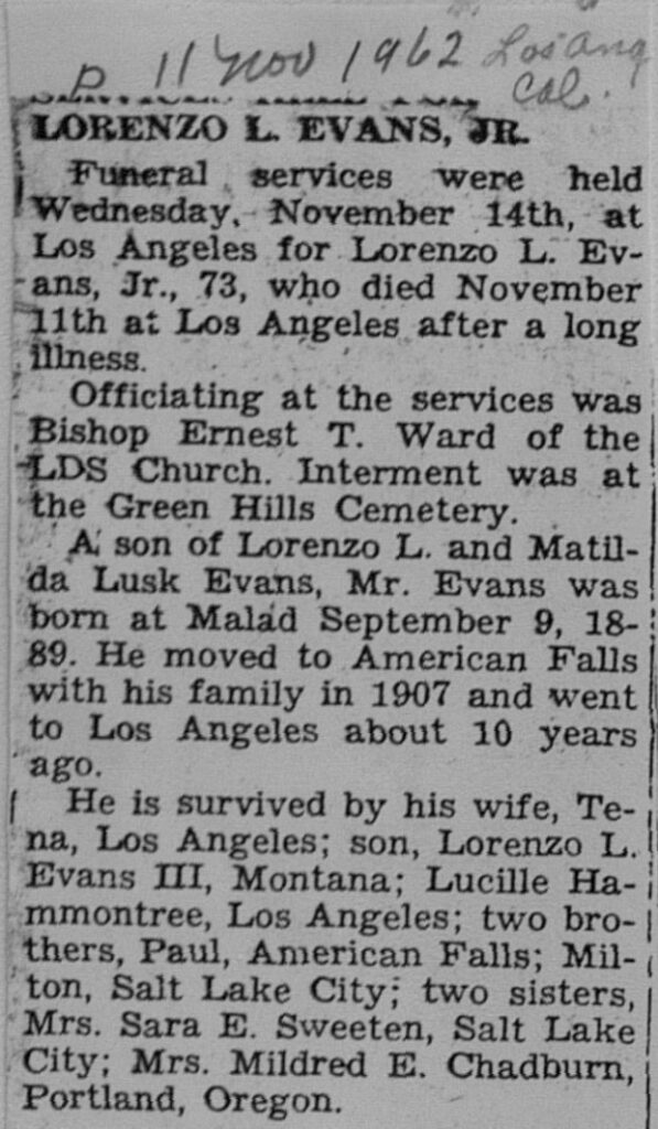 Lorenzo L Evans Jr obit