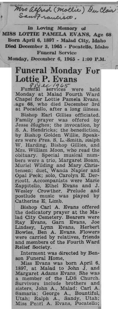Lottie Pamela Evans obit and funeral