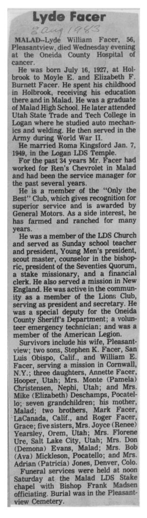 Lyde William Facer obit