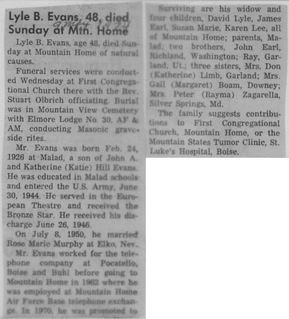 Lyle B Evans obit