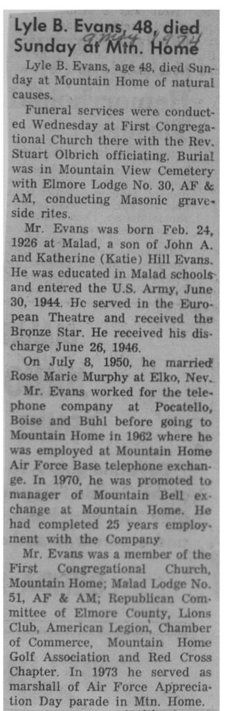 Lyle B Evans obit2