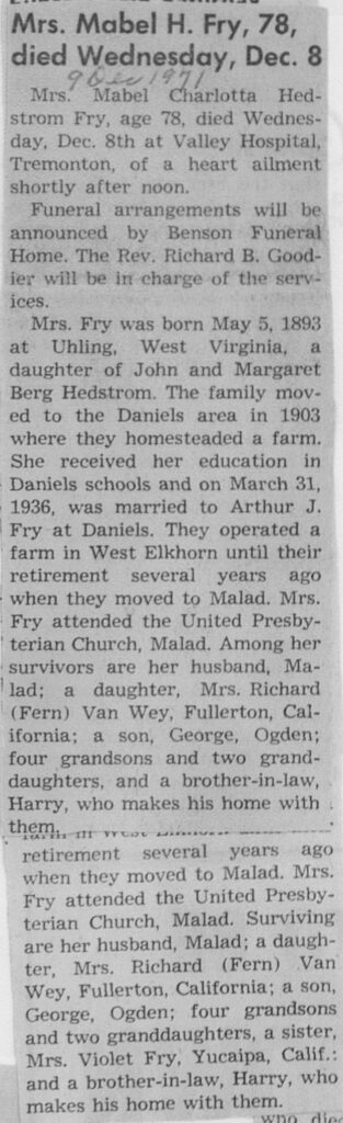 Mabel Charlotta Hedstrom Fry obit