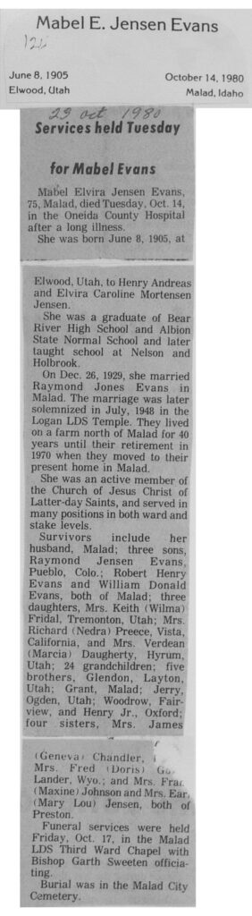 Mabel Elvira Jensen Evans obit