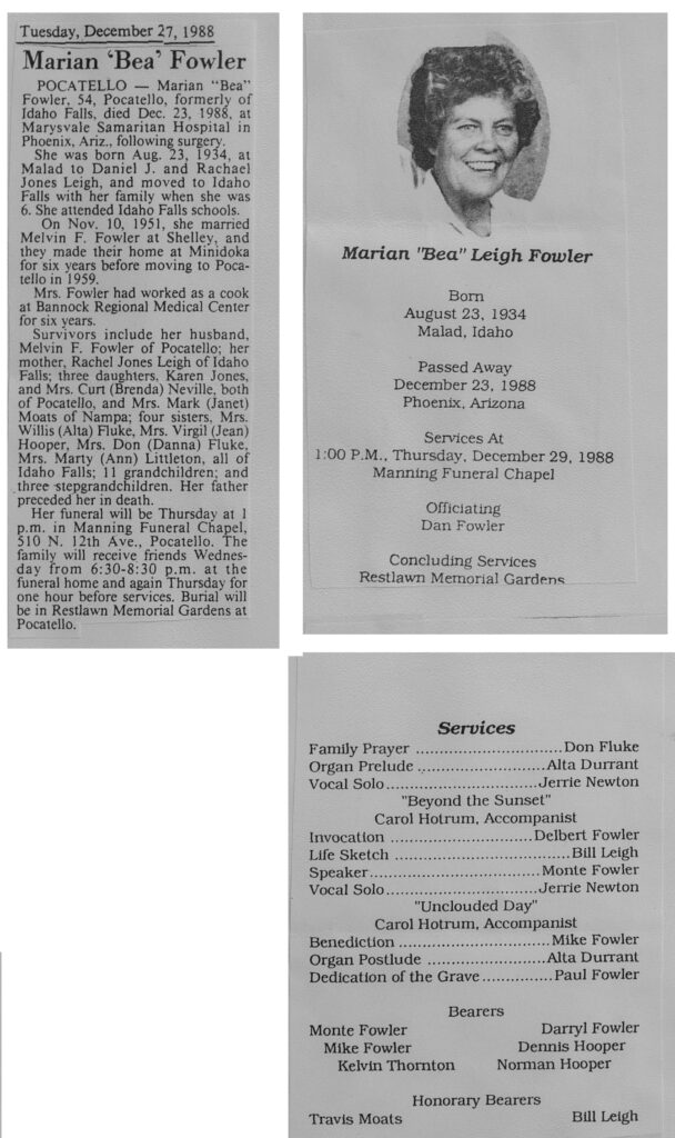 Marian (Bea) Leigh Fowler obit and program