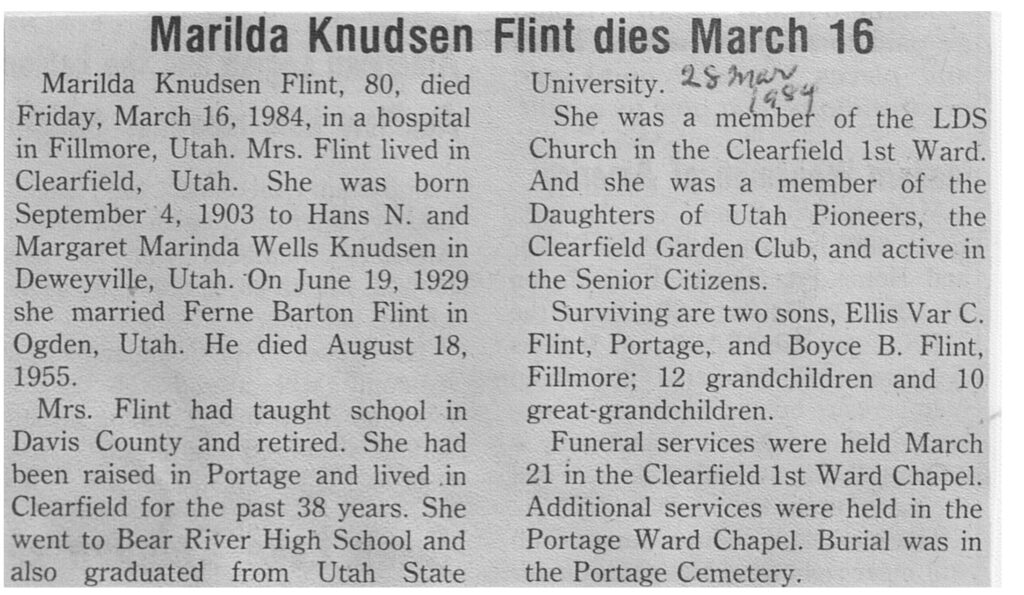 Marilda Knudsen Flint obit