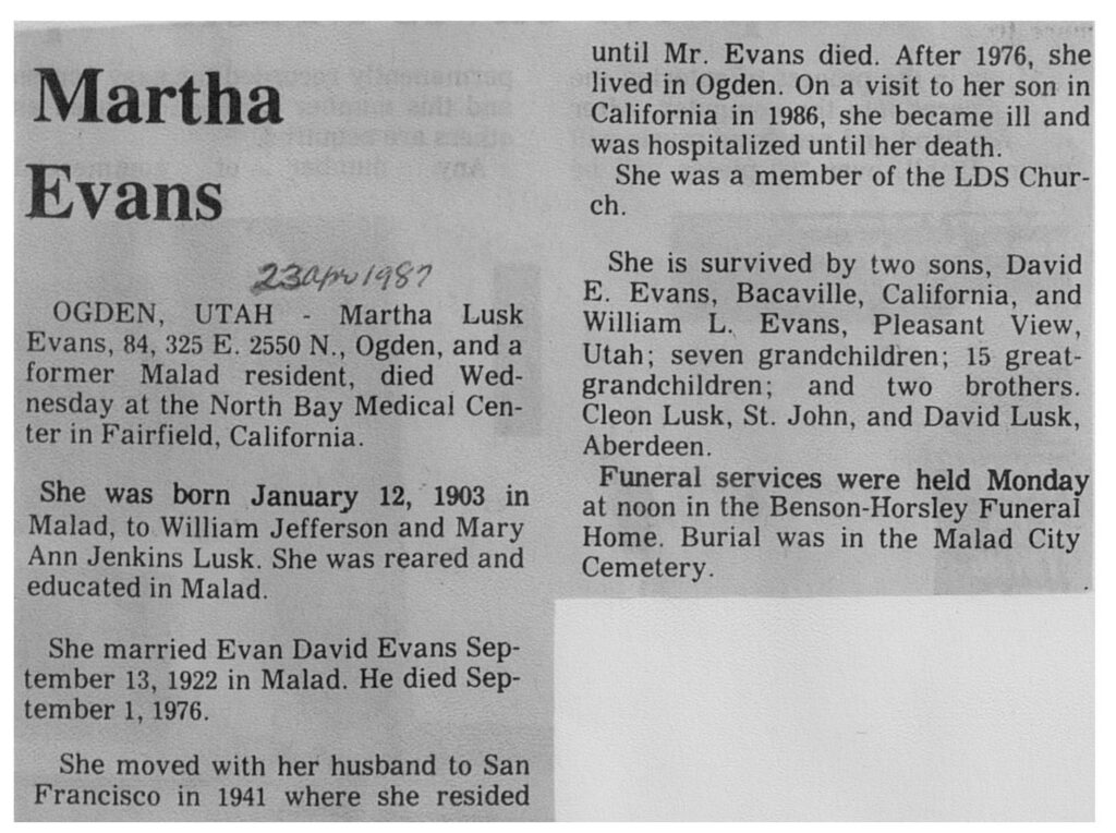 Martha Lusk Evans obit