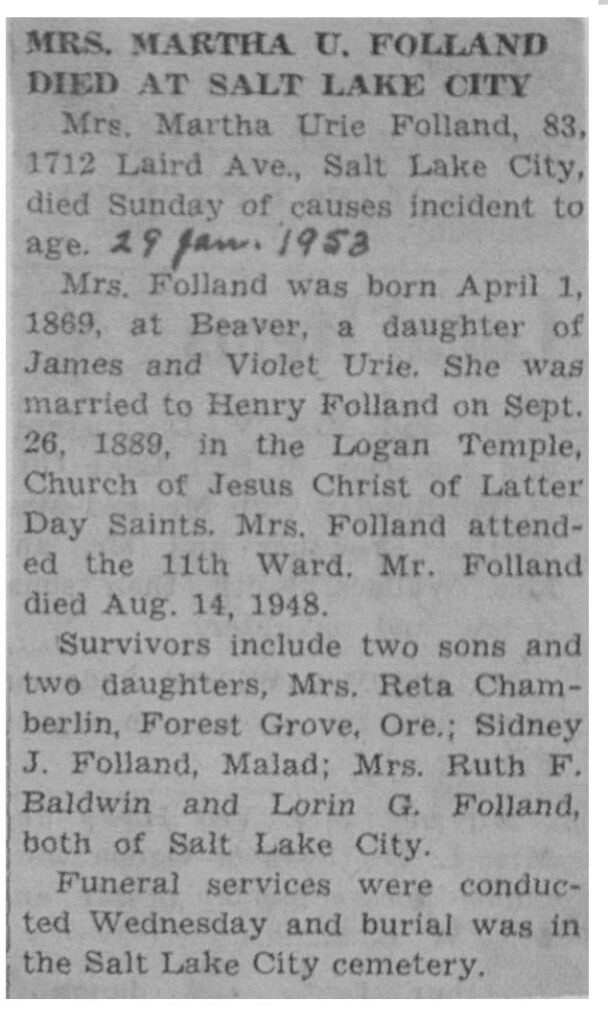 Martha Urie Folland obit
