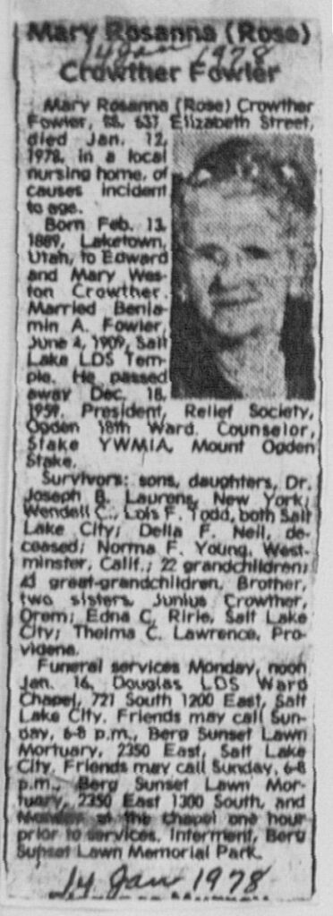 Mary Rosanna (Rose) Crowther Fowler obit