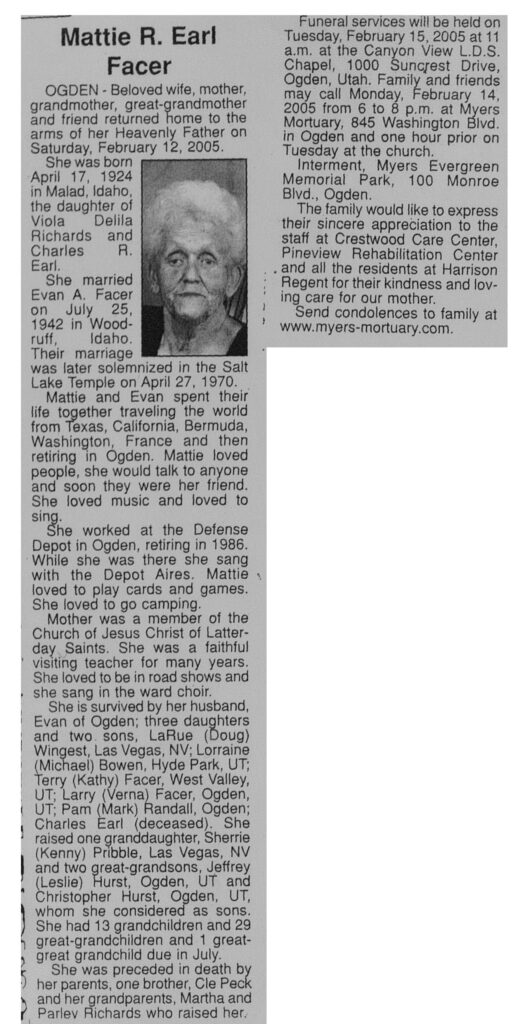 Mattie R Earl Facer obit