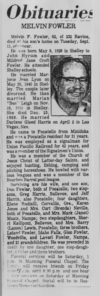 Melvin F Fowler obit