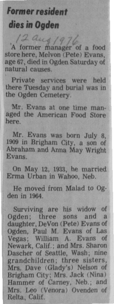 Melvin (Pete) Evans obit