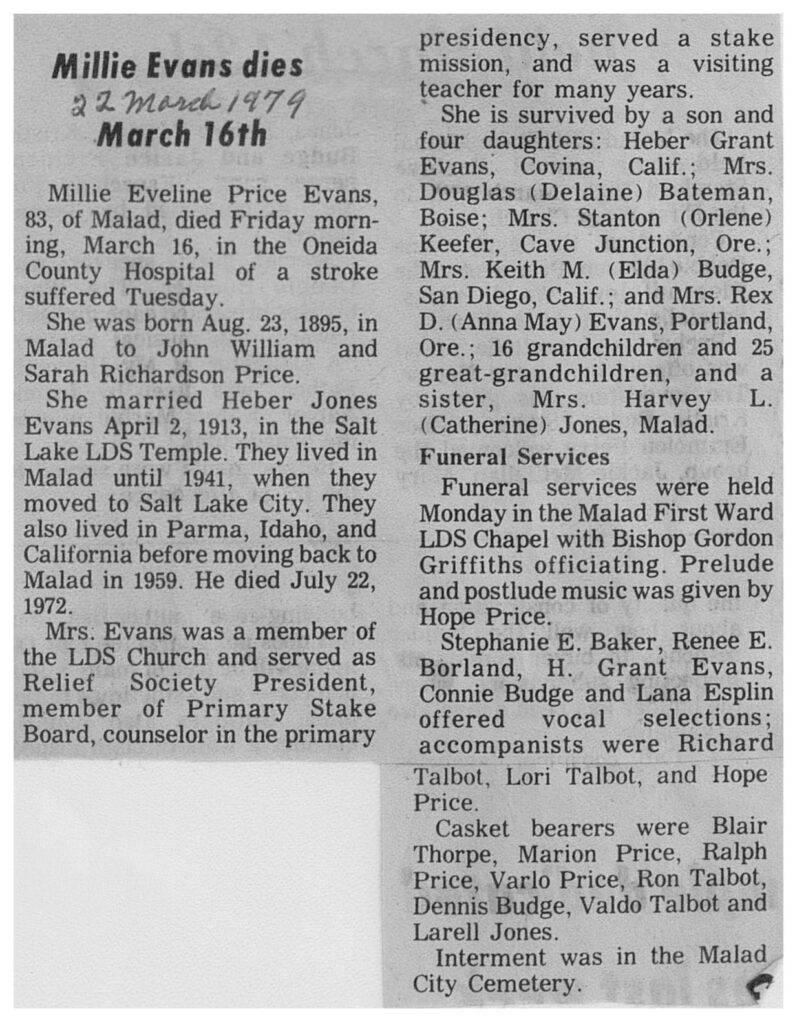 Millie Eveline Price Evans obit and funeral