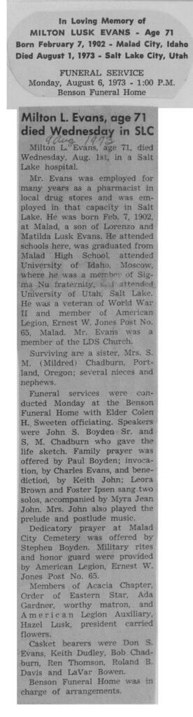Milton Lusk Evans obit and funeral