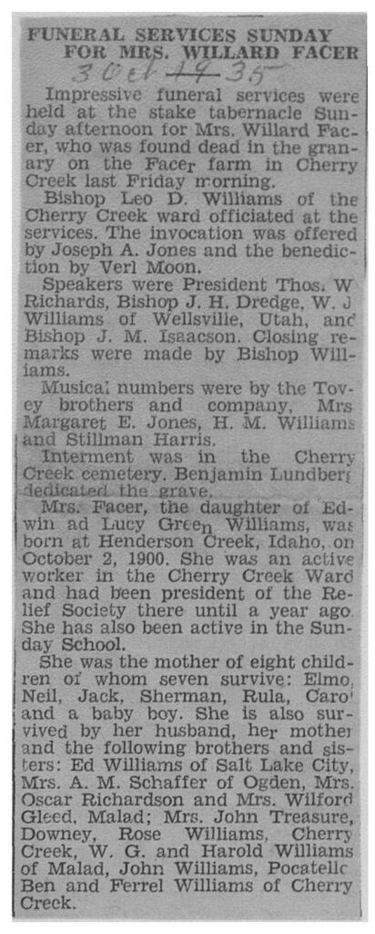 Mrs Williard Facer obit and funeral