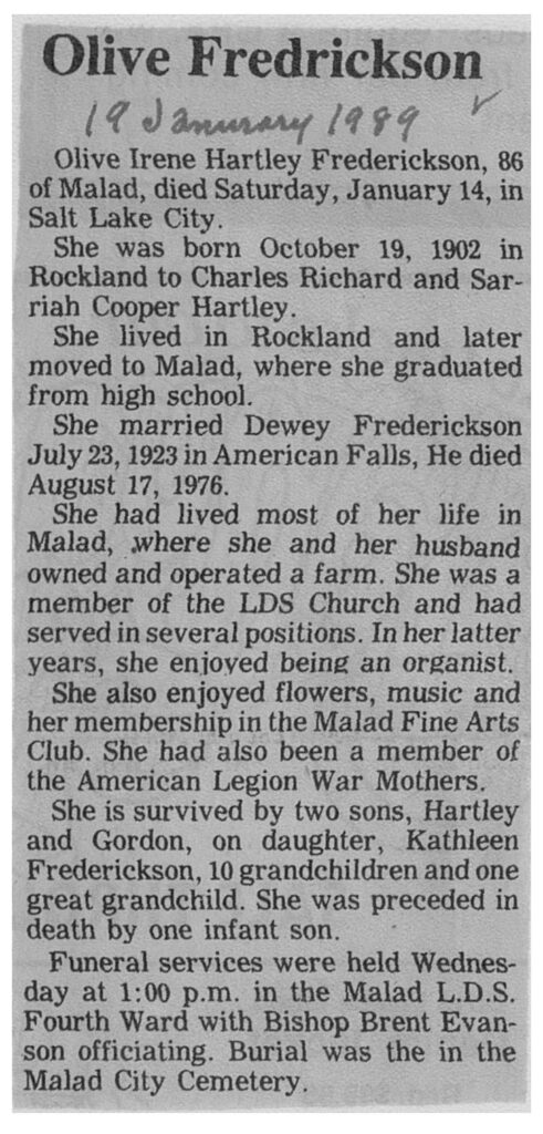 Olive Irene Hartley Fredrickson obit