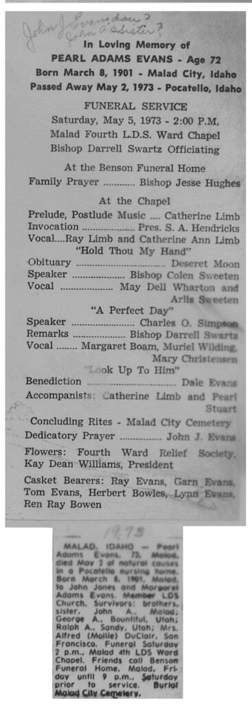 Pearl Adams Evans obit and program