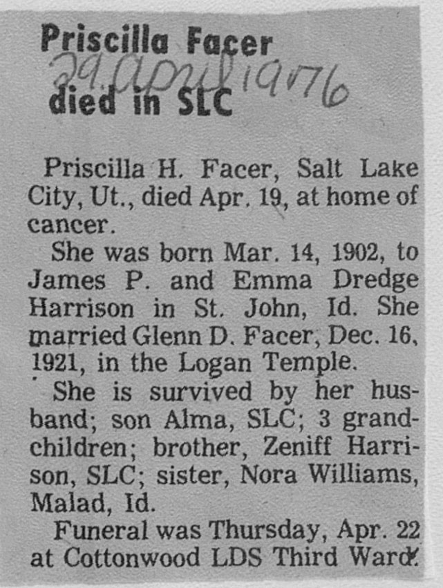 Priscilla H Facer obit