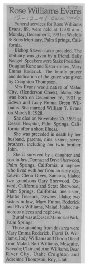 Rose Williams Evans obit