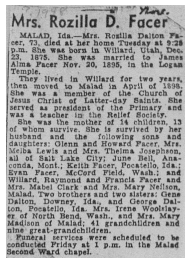 Rozilla Dalton Facer obit