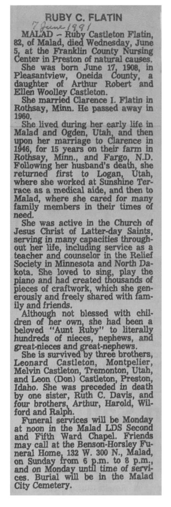 Ruby Castleton Flatin obit