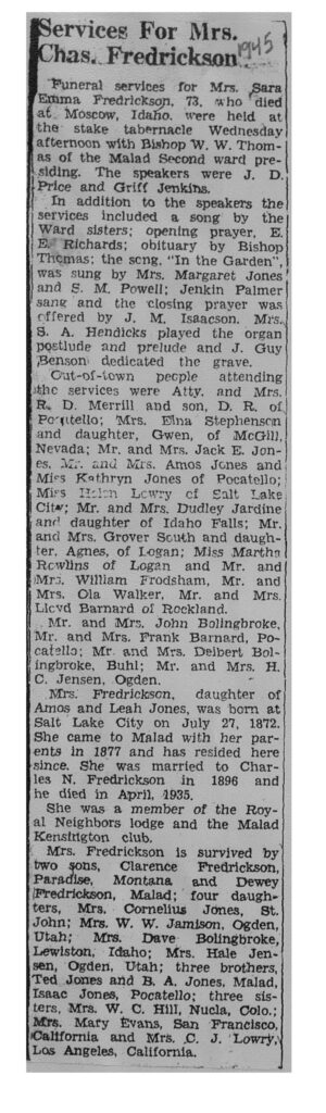 Sara Emma Fredrickson obit and funeral