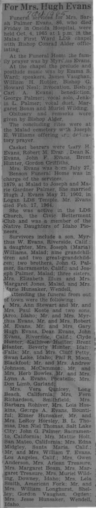 Sarah Palmer Evans obit and funeral