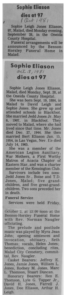 Sophie Leigh Jones Eliason obit and funeral