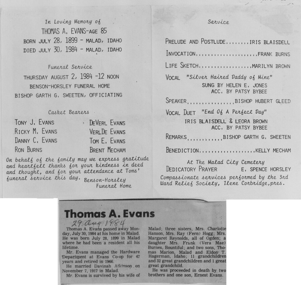 Thomas A Evans obit and program