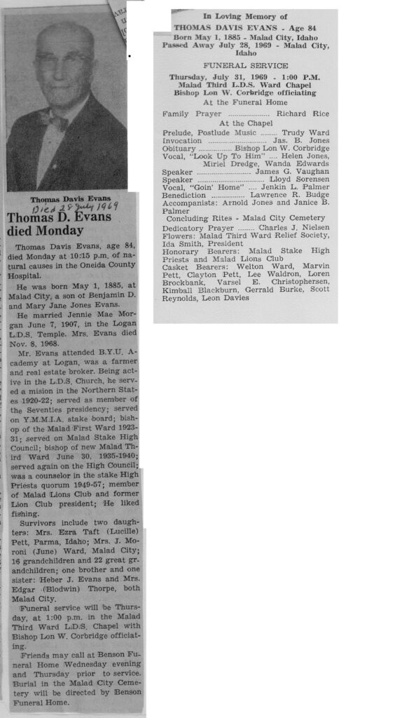 Thomas Davis Evans obit and program