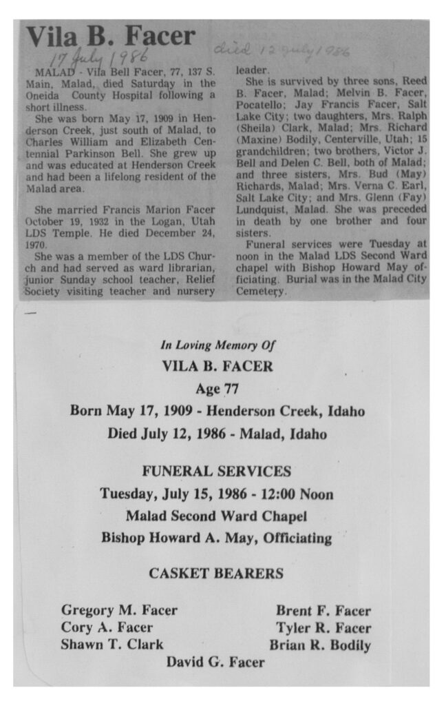 Vila Bell Facer obit