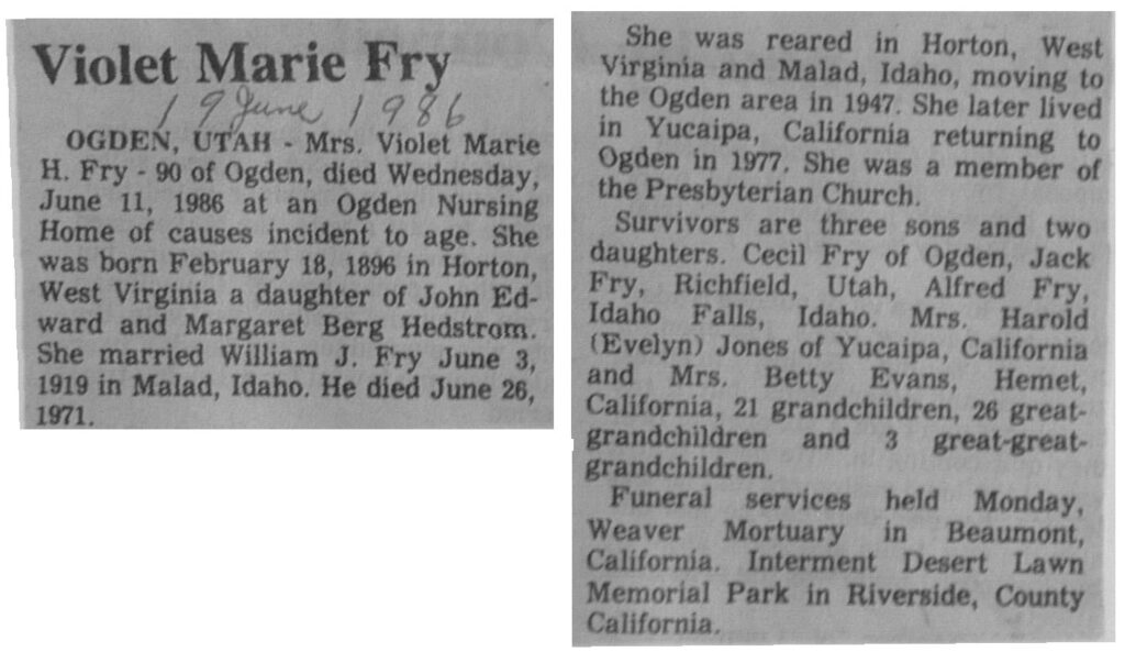 Violet Marie H Fry obit